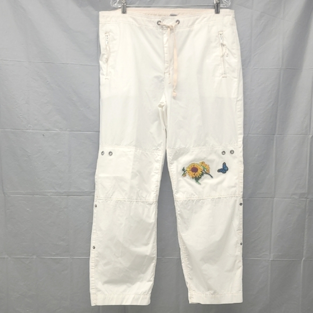 White Wide Leg Cargo Pants Drawstring Sunflower Butterfly Patches